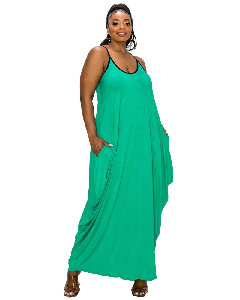 Front of a model wearing a size 1X Spaghetti Strap Harem Dress in Palm Green by L I V D. | dia_product_style_image_id:367367